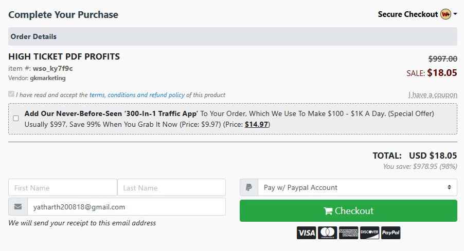 High Ticket PDF Profit checkout page